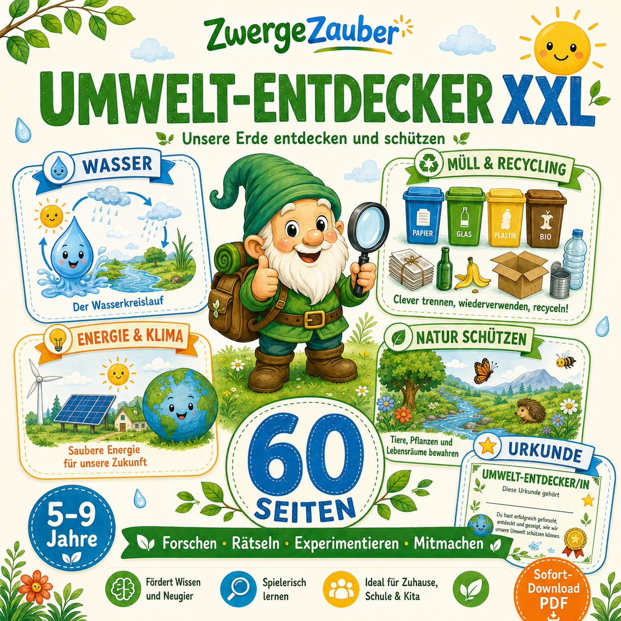 Umwelt-Entdecker XXL von ZwergeZauber – 60 Seiten mit Rätseln, Experimenten, Recycling, Wasser, Energie und Naturschutz für Kinder