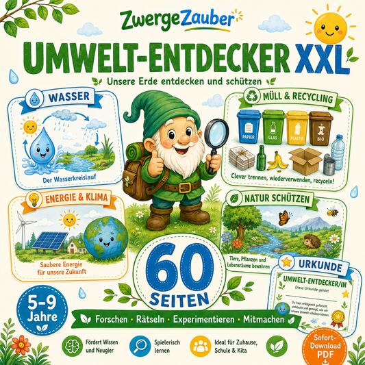 Umwelt-Entdecker XXL von ZwergeZauber – 60 Seiten mit Rätseln, Experimenten, Recycling, Wasser, Energie und Naturschutz für Kinder