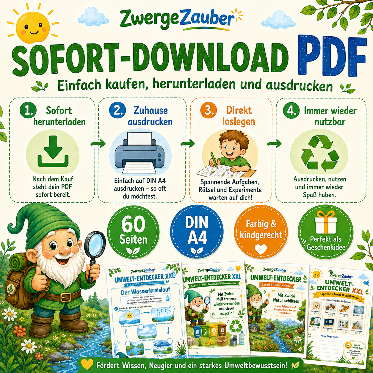 Umwelt-Entdecker XXL als sofort verfügbarer PDF-Download mit 60 DIN-A4-Seiten zum Ausdrucken und mehrfach Verwenden