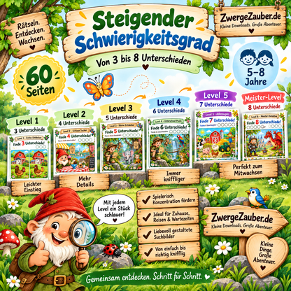 Unterschiede finden mit steigendem Schwierigkeitsgrad – von 3 bis 8 Unterschieden für Kinder von 5–8 Jahren