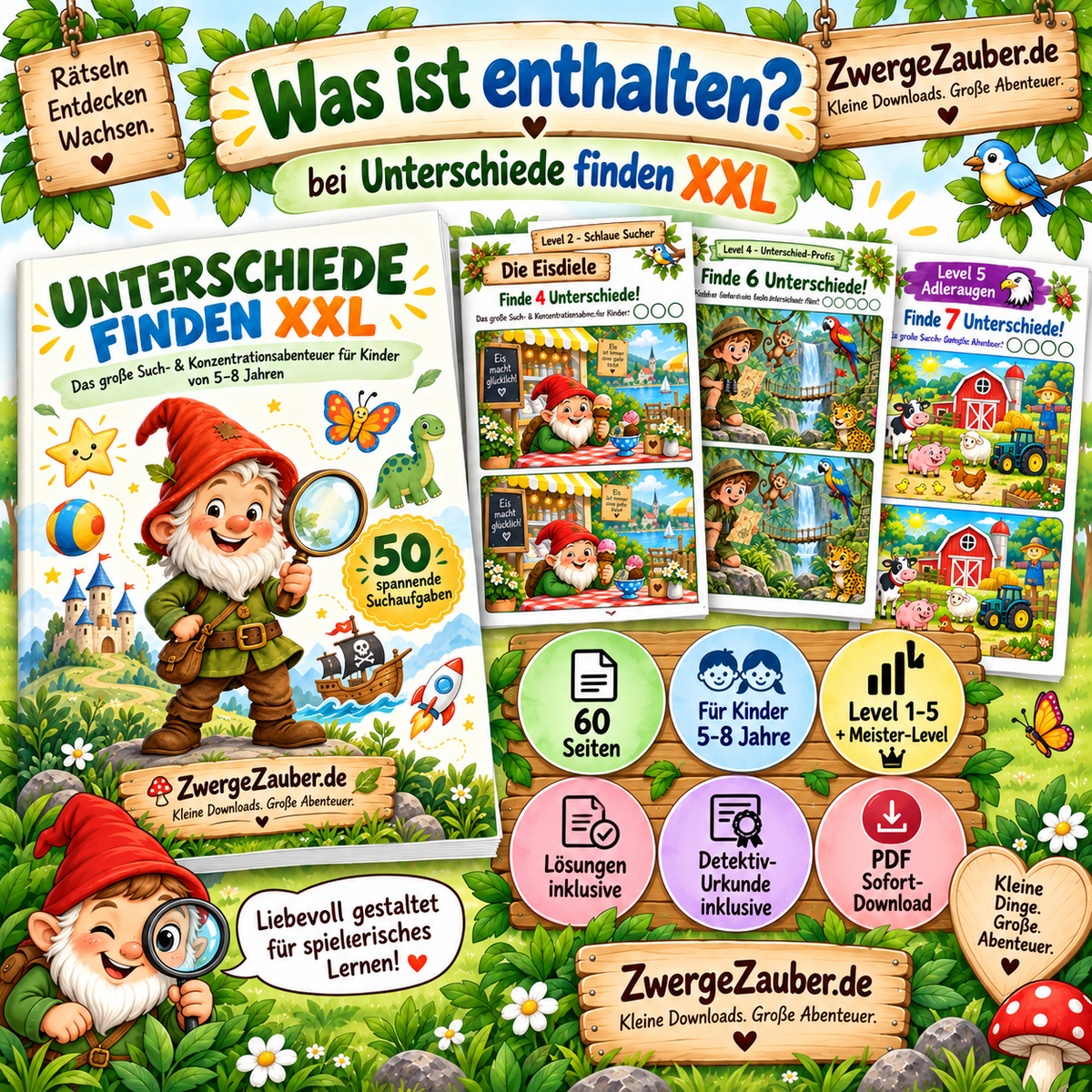 Unterschiede finden XXL von ZwergeZauber – 60 Seiten Such- und Konzentrationsspaß für Kinder von 5–8 Jahren