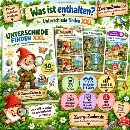Unterschiede finden XXL von ZwergeZauber – 60 Seiten Such- und Konzentrationsspaß für Kinder von 5–8 Jahren