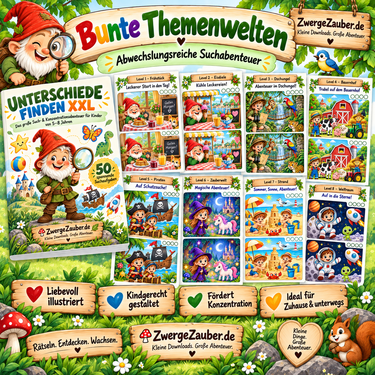Bunte Suchbilder aus Unterschiede finden XXL mit abwechslungsreichen Themenwelten für Kinder