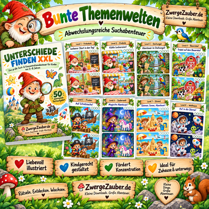 Bunte Suchbilder aus Unterschiede finden XXL mit abwechslungsreichen Themenwelten für Kinder