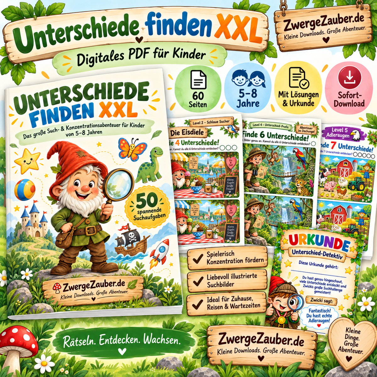 Unterschiede finden XXL für Kinder von 5–8 Jahren – 60-seitiges PDF mit Suchbildern, Lösungen und Urkunde