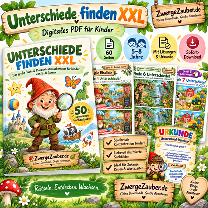 Unterschiede finden XXL für Kinder von 5–8 Jahren – 60-seitiges PDF mit Suchbildern, Lösungen und Urkunde