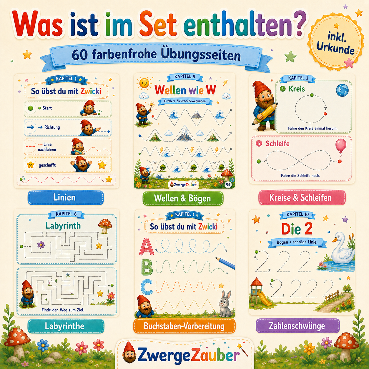 Vorschulübungen zum Nachspuren von Linien, Wellen, Bögen, Kreisen und Formen für Kinder von etwa 4 bis 7 Jahren