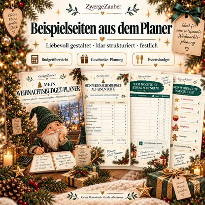 Beispielseiten aus dem Weihnachtsbudget-Planer mit Budgetübersicht, Geschenkeplanung und Essensbudget