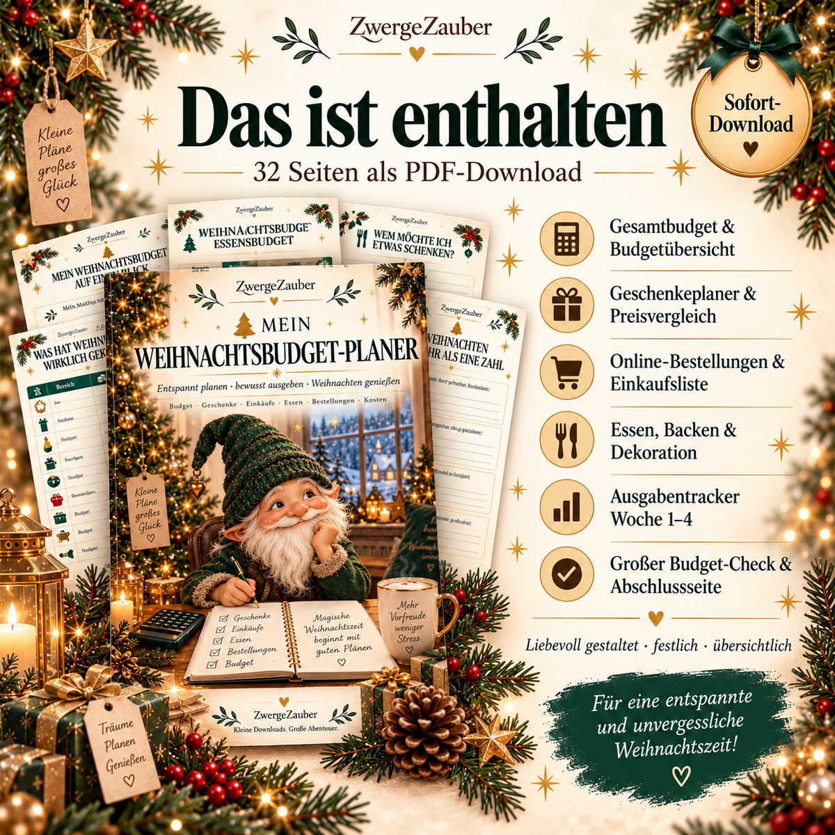 Inhalt des 32-seitigen Weihnachtsbudget-Planers mit Gesamtbudget, Geschenkplanung, Bestellungen, Essen und Ausgabentrackern
