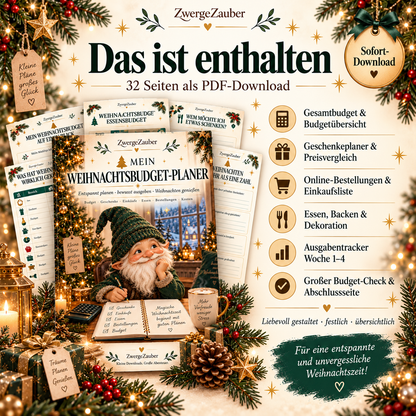 Inhalt des 32-seitigen Weihnachtsbudget-Planers mit Gesamtbudget, Geschenkplanung, Bestellungen, Essen und Ausgabentrackern