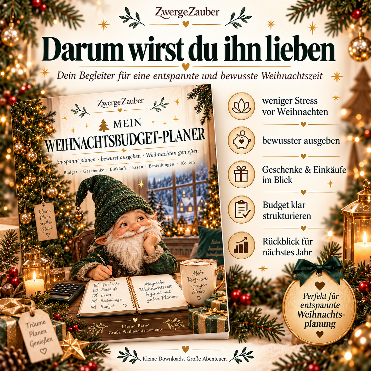 ZwergeZauber Weihnachtsbudget-Planer für weniger Stress, bewusste Ausgaben und einen klaren Überblick über Geschenke und Einkäufe