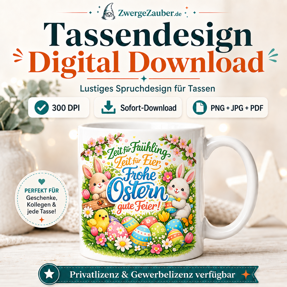 ZwergeZauber Tassendesign Zeit für Frühling - Frohe Ostern – Verkaufsbild 1