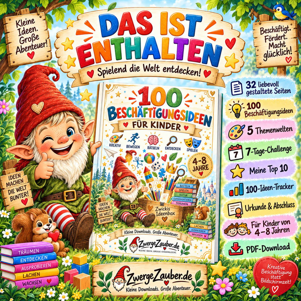 Inhalt des PDFs 100 Beschäftigungsideen für Kinder – 32 Seiten, 5 Themenwelten, Challenge, Tracker und Urkunde