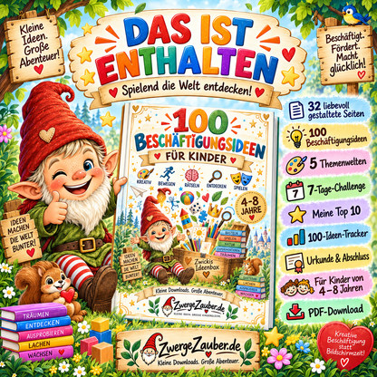Inhalt des PDFs 100 Beschäftigungsideen für Kinder – 32 Seiten, 5 Themenwelten, Challenge, Tracker und Urkunde
