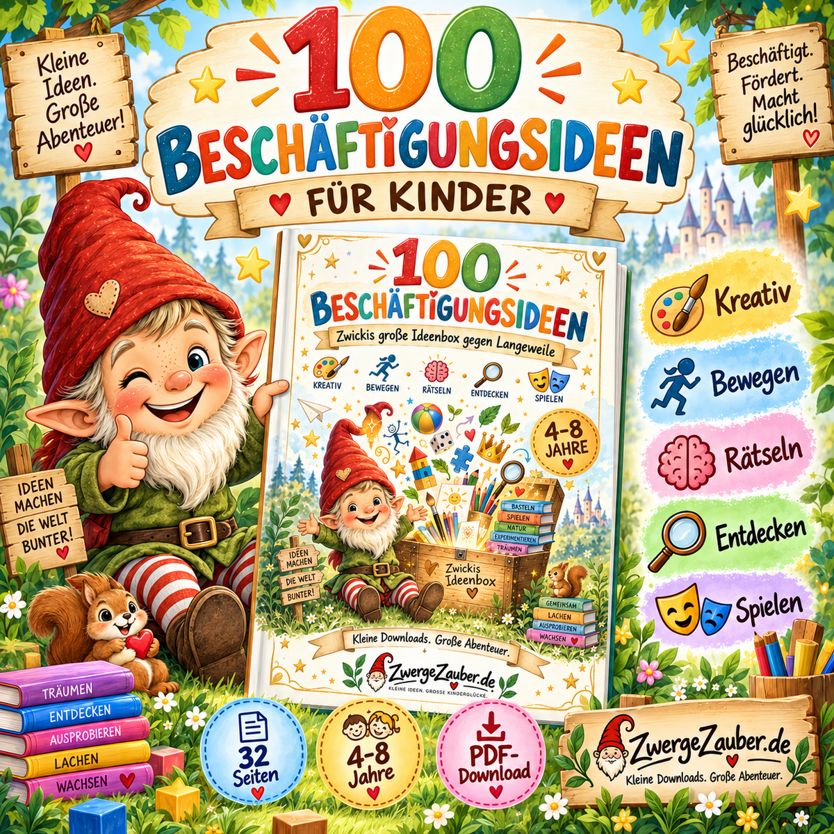 100 Beschäftigungsideen für Kinder von 4–8 Jahren – kreatives PDF zum Ausdrucken mit Zwicki von ZwergeZauber.de