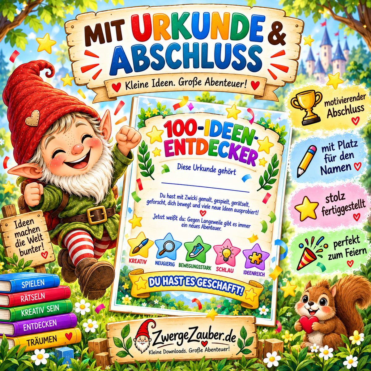 100-Ideen-Entdecker Urkunde als Abschluss des Beschäftigungshefts für Kinder von 4–8 Jahren