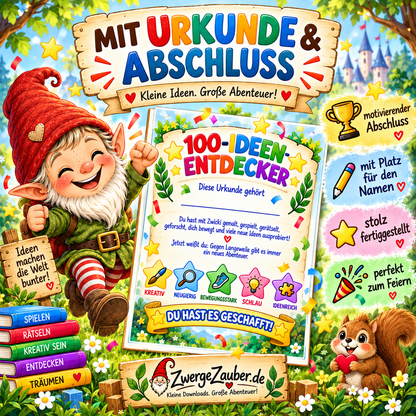 100-Ideen-Entdecker Urkunde als Abschluss des Beschäftigungshefts für Kinder von 4–8 Jahren