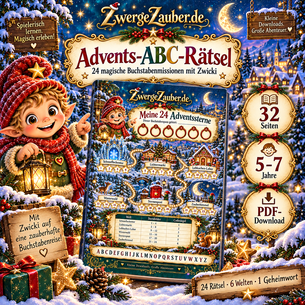 Advents-ABC-Rätsel von ZwergeZauber mit Zwicki, 32 Seiten voller Buchstabenrätsel für Kinder von 5 bis 7 Jahren.