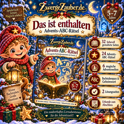 Inhalt des Advents-ABC-Rätselhefts: 24 Rätsel, sechs Adventswelten, Buchstabenpass, Geheimwort, Lösungsseiten und Urkunde.