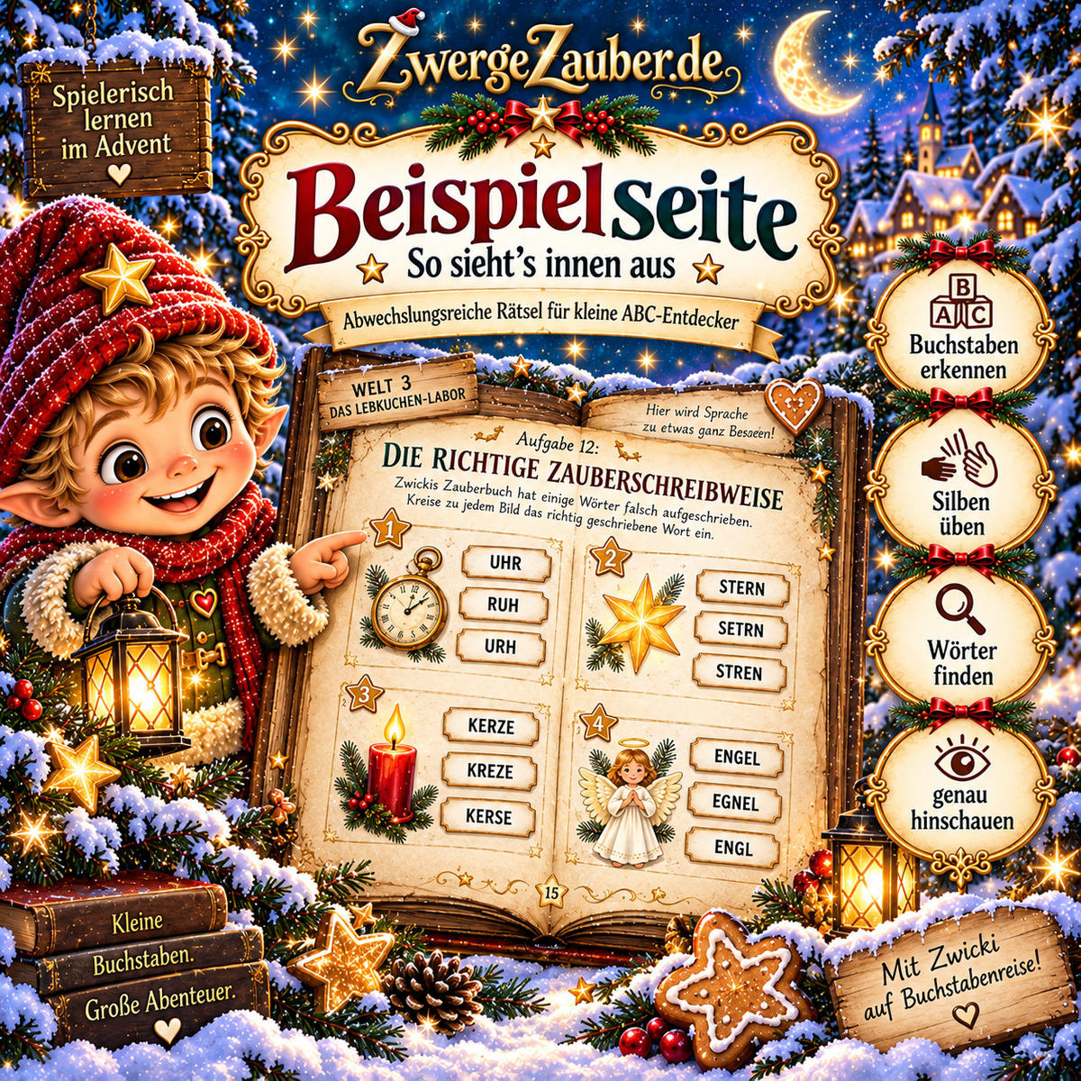 Beispiel einer illustrierten Advents-ABC-Rätselseite mit Zwicki und einer weihnachtlichen Aufgabe zum Erkennen richtig geschriebener Wörter.