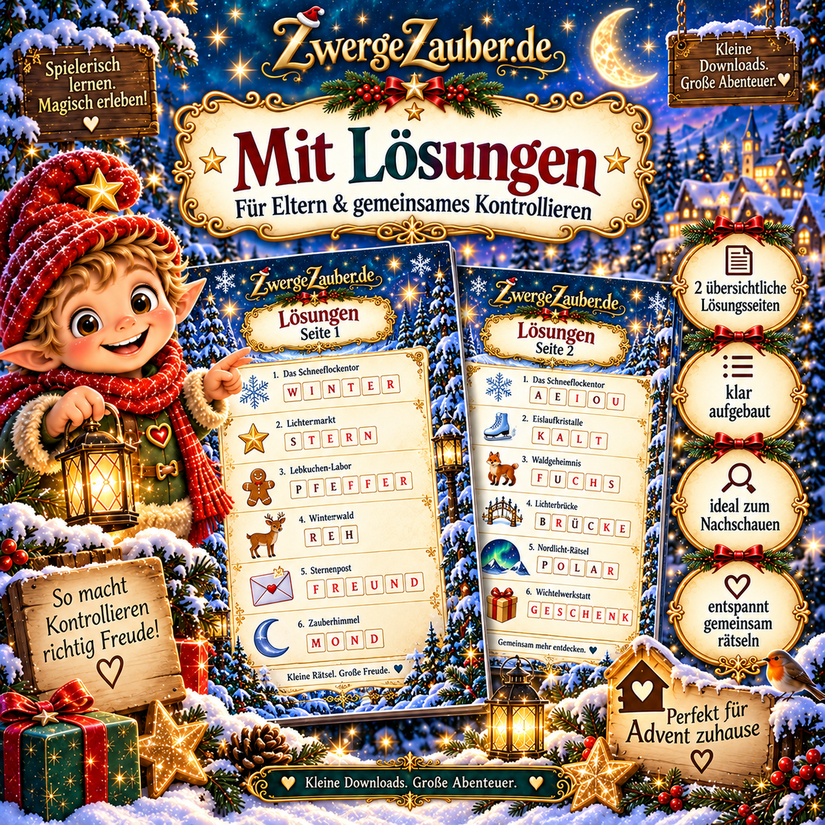 Advents-ABC-Rätsel mit zwei Lösungsseiten zur gemeinsamen Kontrolle der Weihnachts- und Buchstabenaufgaben mit Zwicki.