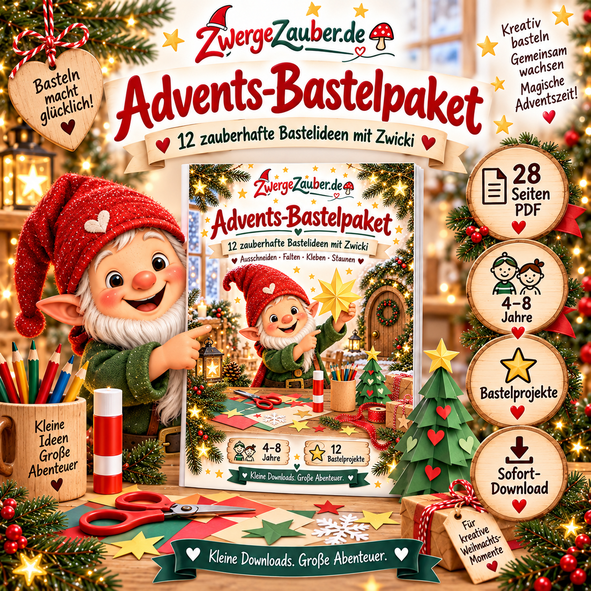 Advents-Bastelpaket von ZwergeZauber mit 28 PDF-Seiten, 12 kreativen Bastelideen für Kinder von 4–8 Jahren und Wichtel Zwicki.