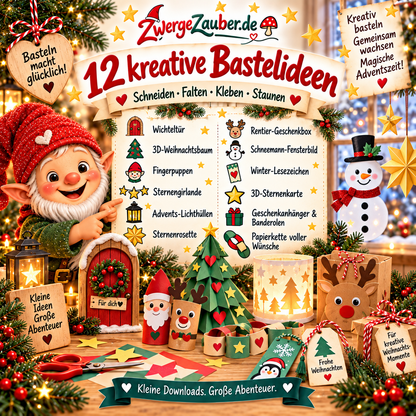 Zwölf Advents-Bastelideen mit Zwicki: Wichteltür, Weihnachtsbaum, Fingerpuppen, Sternengirlande, Rentierbox und weitere Papierprojekte.