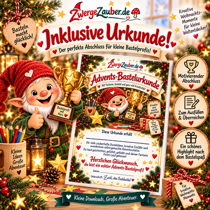 Festliche Advents-Bastelurkunde von ZwergeZauber mit Wichtel Zwicki und goldenem Pokal zum Ausfüllen und Überreichen.