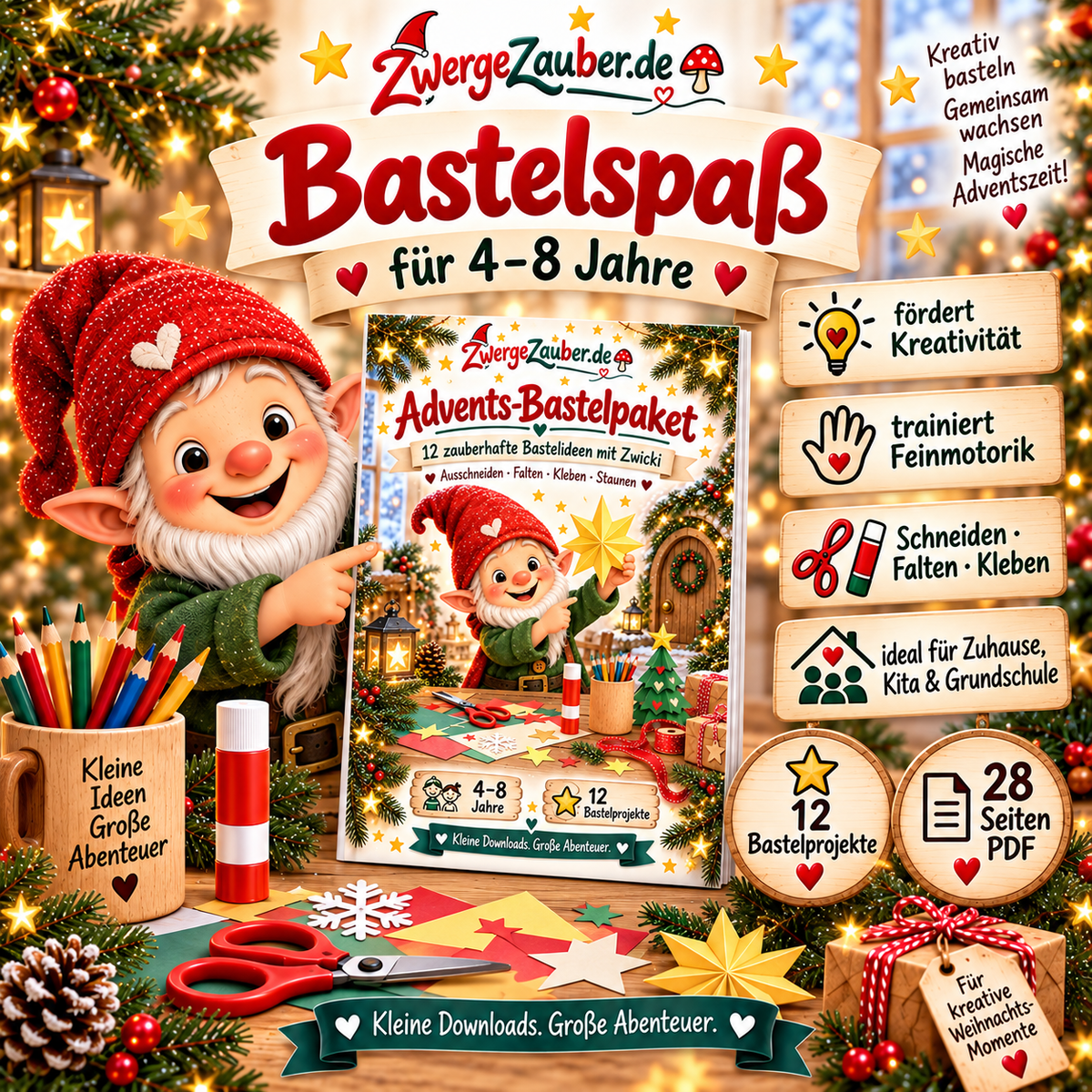 Weihnachtlicher Bastelspaß für Kinder von 4 bis 8 Jahren mit 12 Projekten zum Fördern von Kreativität und Feinmotorik.