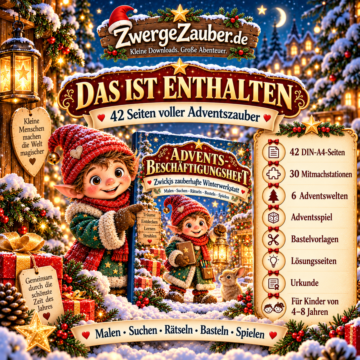 Inhalt des ZwergeZauber Advents-Beschäftigungshefts: 42 DIN-A4-Seiten mit 30 Mitmachstationen in 6 Adventswelten, Adventsspiel, Bastelvorlagen, Lösungsseiten und Urkunde.