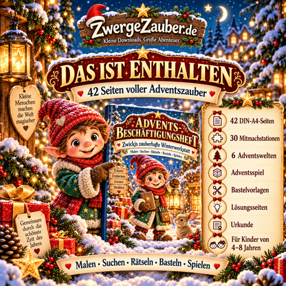 Inhalt des ZwergeZauber Advents-Beschäftigungshefts: 42 DIN-A4-Seiten mit 30 Mitmachstationen in 6 Adventswelten, Adventsspiel, Bastelvorlagen, Lösungsseiten und Urkunde.