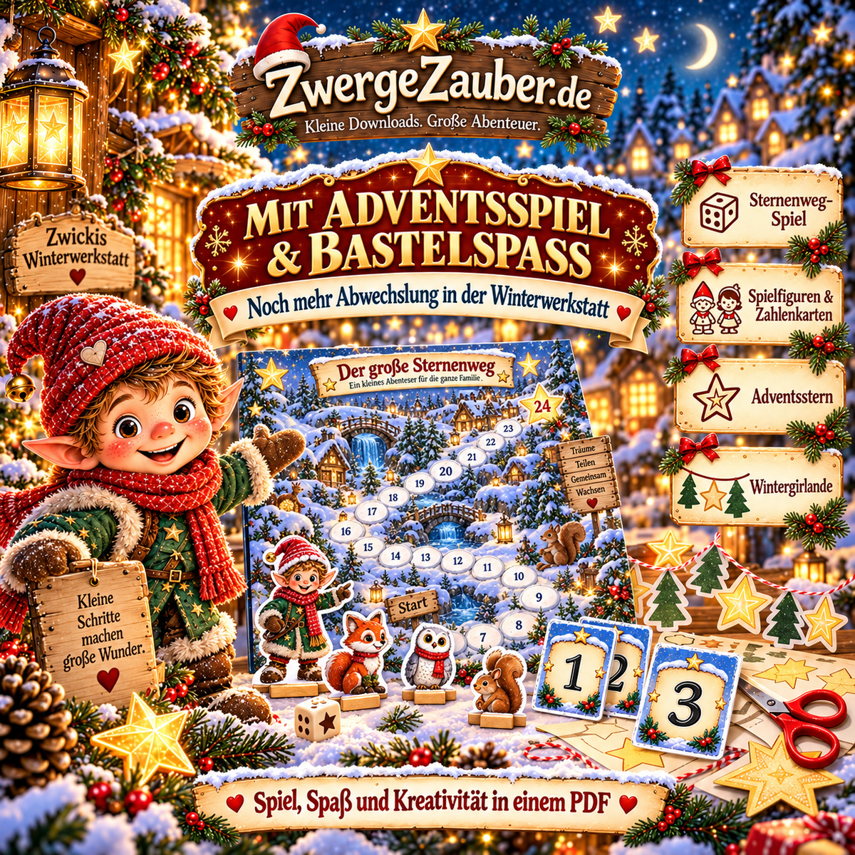 Adventsspiel und Bastelspaß im ZwergeZauber Beschäftigungsheft mit Sternenweg-Spielplan, Spielfiguren, Zahlenkarten, Adventsstern und Wintergirlande.