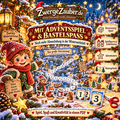 Adventsspiel und Bastelspaß im ZwergeZauber Beschäftigungsheft mit Sternenweg-Spielplan, Spielfiguren, Zahlenkarten, Adventsstern und Wintergirlande.