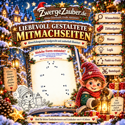 Einblick in die illustrierten Mitmachseiten von Zwickis Advents-Beschäftigungsheft mit Wimmelbildern, Zählaufgaben, Mustern, Logikrätseln und Punkt-zu-Punkt-Aufgaben.
