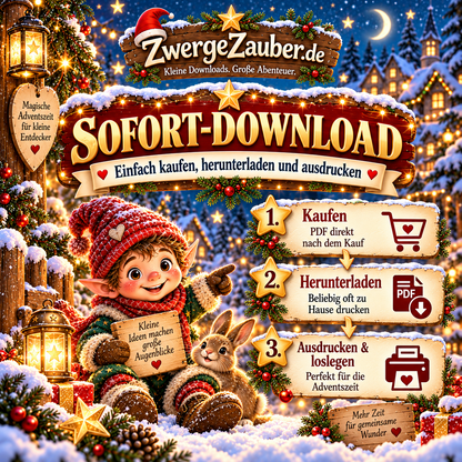 ZwergeZauber Advents-Beschäftigungsheft als digitales PDF zum Sofort-Download – nach dem Kauf herunterladen, zu Hause ausdrucken und direkt loslegen.