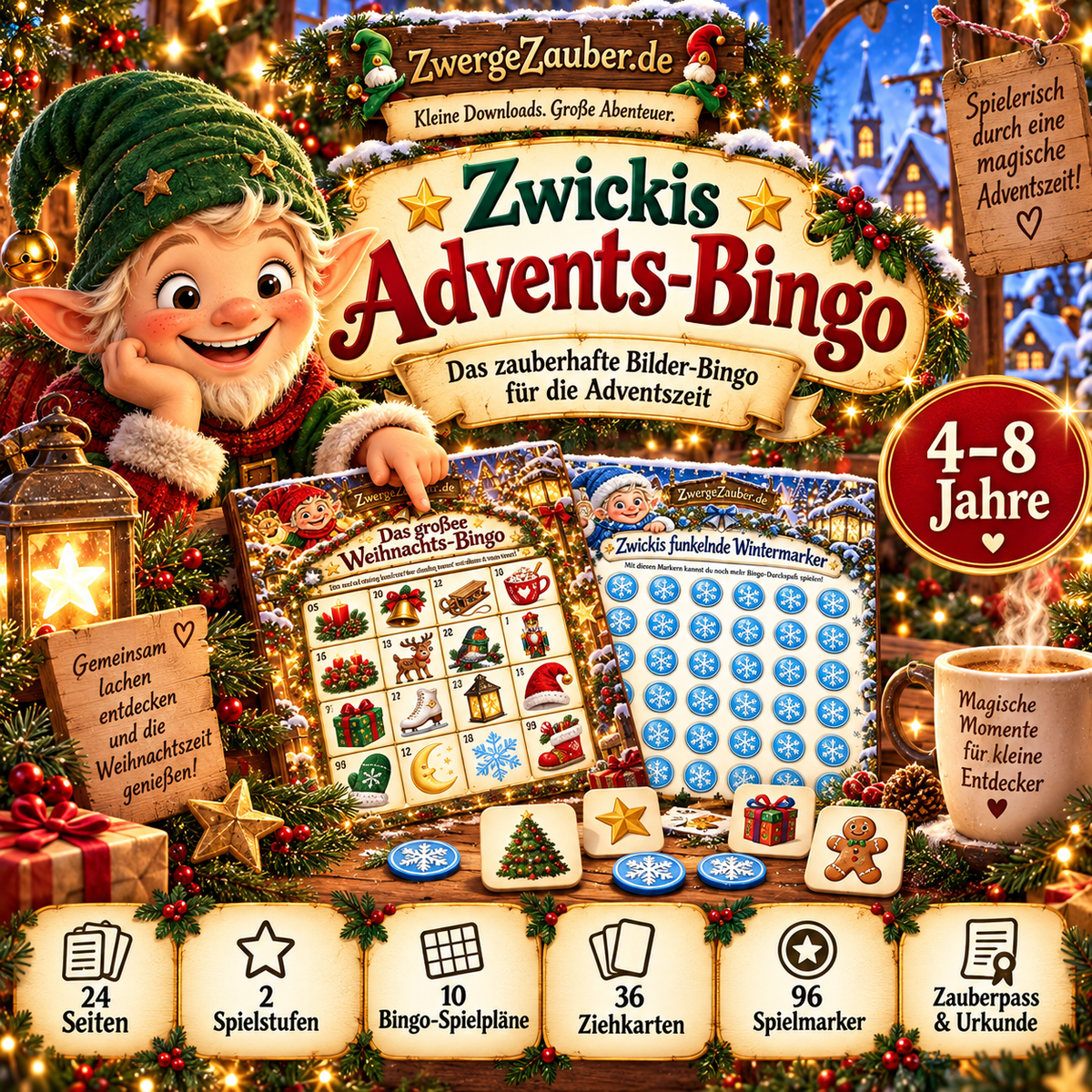 Zwickis Advents-Bingo für Kinder von 4 bis 8 Jahren mit festlichen Bingo-Spielplänen, Ziehkarten und Spielmarkern von ZwergeZauber.