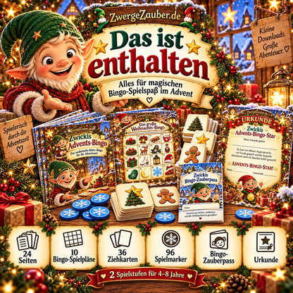 Advents-Bingo-Set von ZwergeZauber mit 24 Seiten, zehn Bingo-Spielplänen, 36 Ziehkarten, 96 Spielmarkern, Zauberpass und Urkunde.