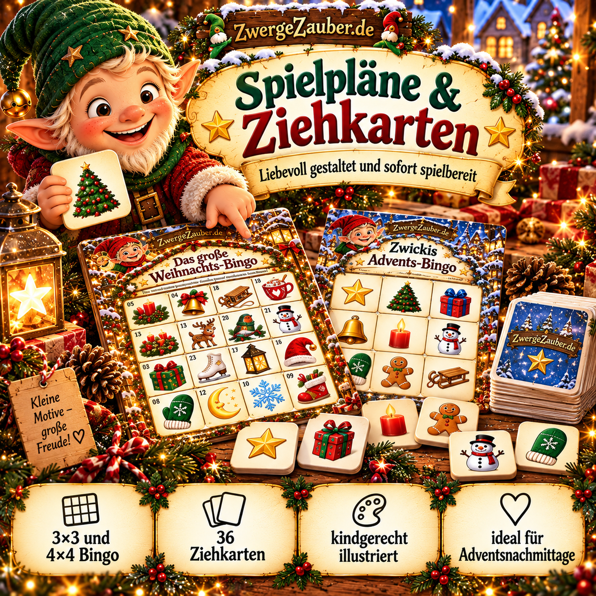 Zwicki zeigt illustrierte Advents-Bingo-Spielpläne mit Weihnachtsmotiven sowie passende Ziehkarten für Kinder von 4 bis 8 Jahren.