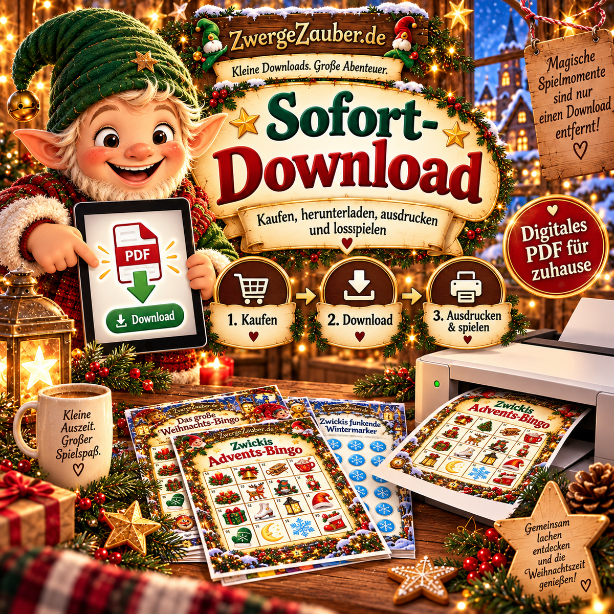 Zwickis Advents-Bingo als PDF-Sofortdownload: kaufen, herunterladen, ausdrucken und mit den festlichen Spielkarten losspielen.