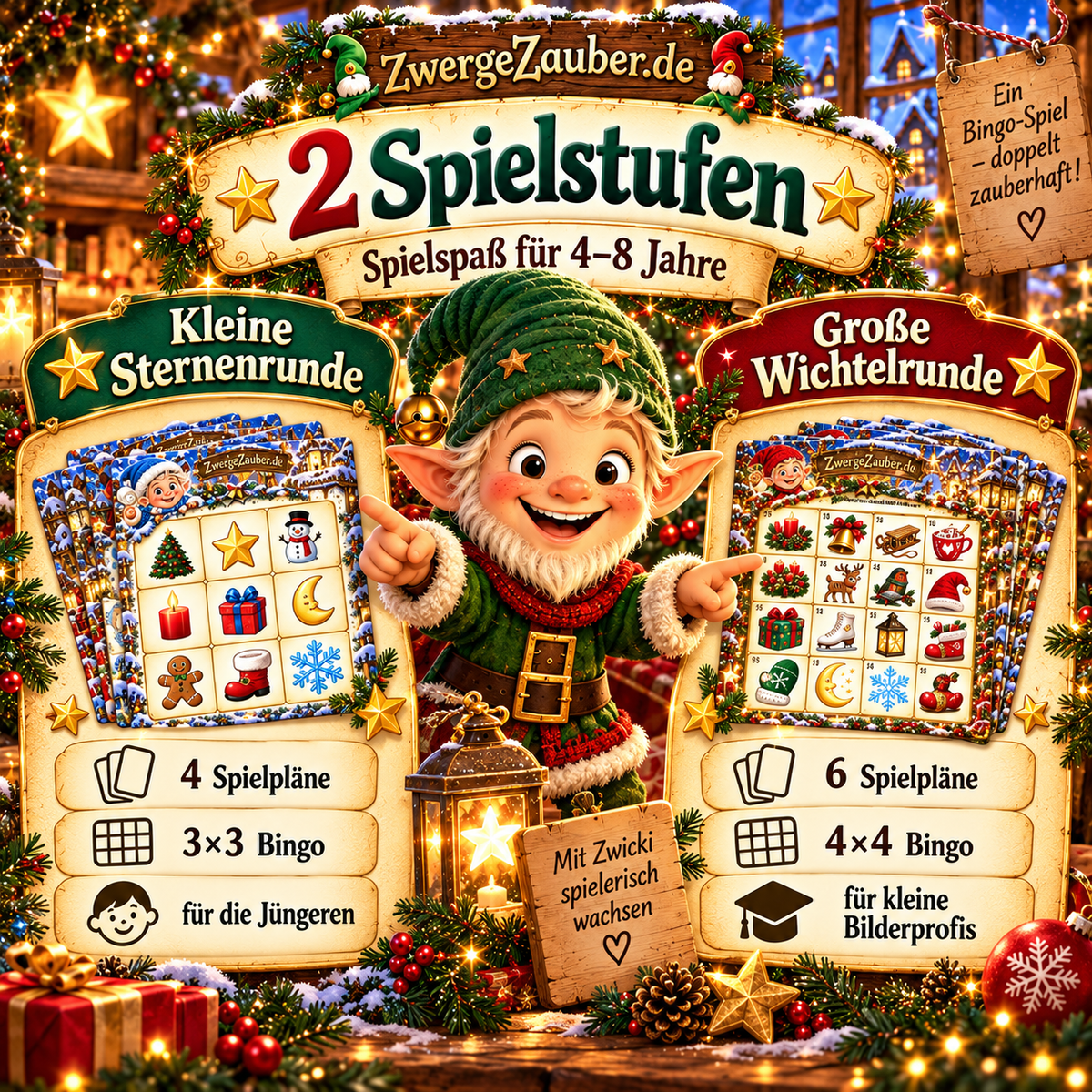 Zwei Spielstufen im Advents-Bingo: kleine Sternenrunde mit 3×3-Feldern und große Wichtelrunde mit 4×4-Feldern für Kinder von 4 bis 8 Jahren.