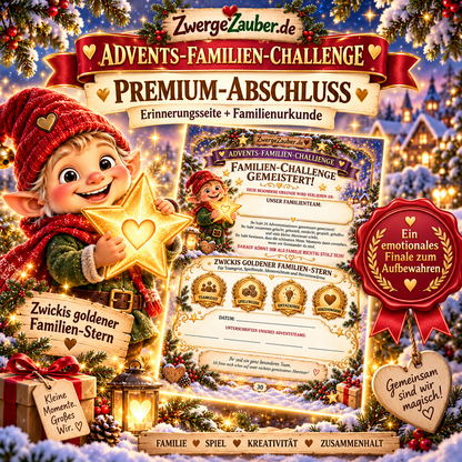 Zwicki mit goldenem Stern neben der Premium-Familienurkunde als Abschluss der Advents-Familien-Challenge mit 24 Missionen.