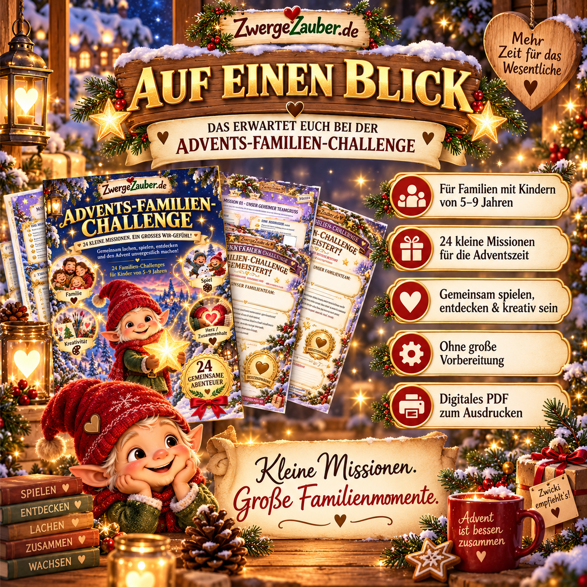Advents-Familien-Challenge für Kinder von 5 bis 9 Jahren: 24 gemeinsame Aktivitäten, unkomplizierter PDF-Download und Ausdruck zu Hause.