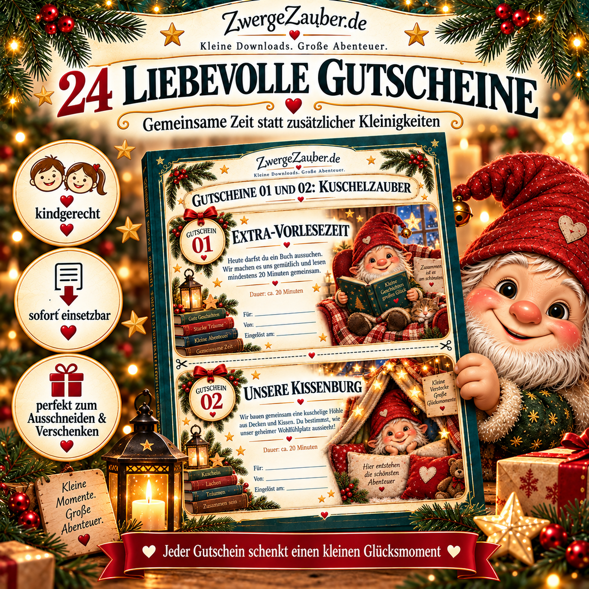 Beispielseite mit den Gutscheinen Extra-Vorlesezeit und Unsere Kissenburg aus dem Advents-Gutscheinheft für Kinder von 4 bis 9 Jahren.