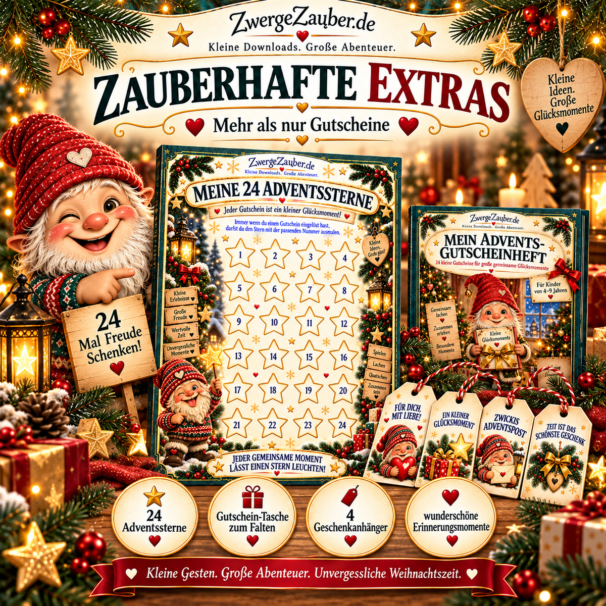 Bonusmaterial zum Advents-Gutscheinheft mit 24 Adventssternen zum Ausmalen, Geschenkanhängern und Gutschein-Tasche zum Falten.