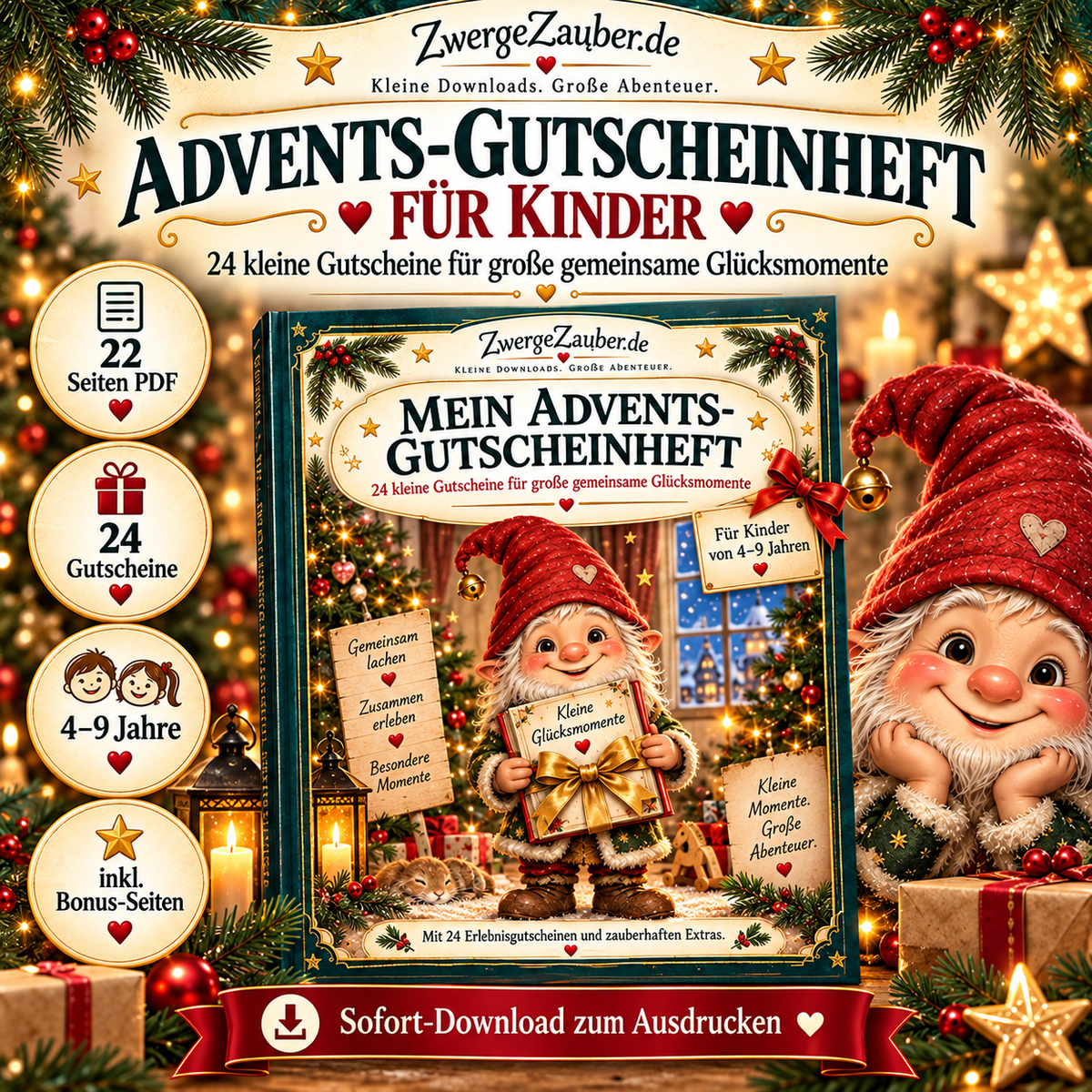 ZwergeZauber Advents-Gutscheinheft für Kinder mit Zwicki, 24 Gutscheinen, 22 PDF-Seiten und Sofort-Download zum Ausdrucken.