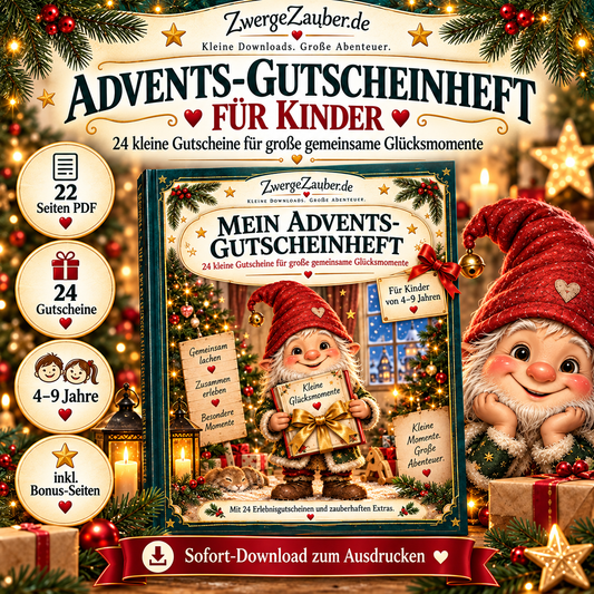 ZwergeZauber Advents-Gutscheinheft für Kinder mit Zwicki, 24 Gutscheinen, 22 PDF-Seiten und Sofort-Download zum Ausdrucken.