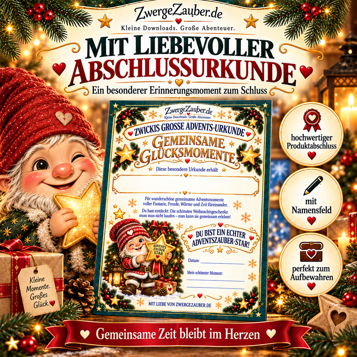 Zwickis große Advents-Urkunde für Kinder mit Namensfeld und dem Titel Gemeinsame Glücksmomente als Erinnerung an die Adventszeit.