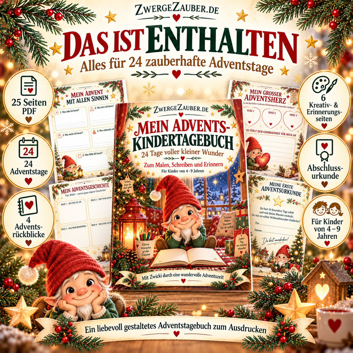 Inhalt des ZwergeZauber Advents-Kindertagebuchs: 24 Adventstage, vier Rückblicke, kreative Erinnerungsseiten und Abschlussurkunde.
