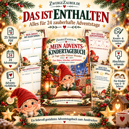 Inhalt des ZwergeZauber Advents-Kindertagebuchs: 24 Adventstage, vier Rückblicke, kreative Erinnerungsseiten und Abschlussurkunde.