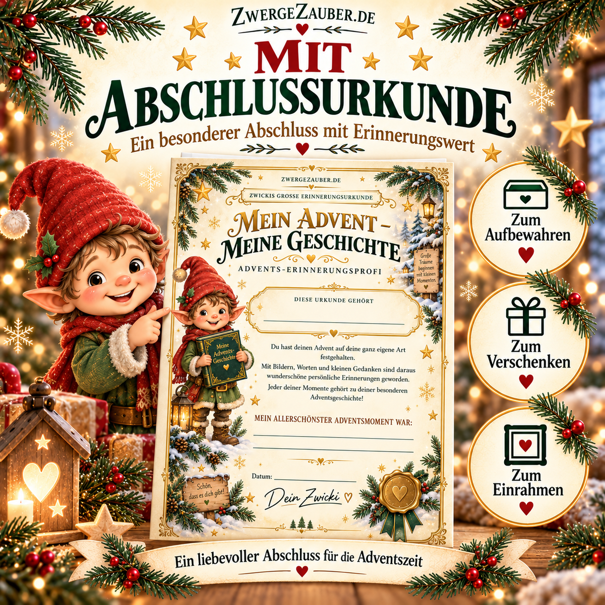 Advents-Kindertagebuch mit personalisierbarer Zwicki-Abschlussurkunde zum Aufbewahren, Verschenken oder Einrahmen.